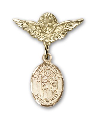 Pin Badge with St. Sebastian Charm and Angel with Smaller Wings Badge Pin - Gold Tone