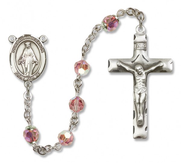 Our Lady of Lebanon Sterling Silver Heirloom Rosary Squared Crucifix - Light Rose