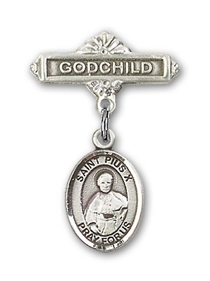 Pin Badge with St. Pius X Charm and Godchild Badge Pin - Silver tone