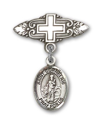 Pin Badge with St. Cornelius Charm and Badge Pin with Cross - Silver tone