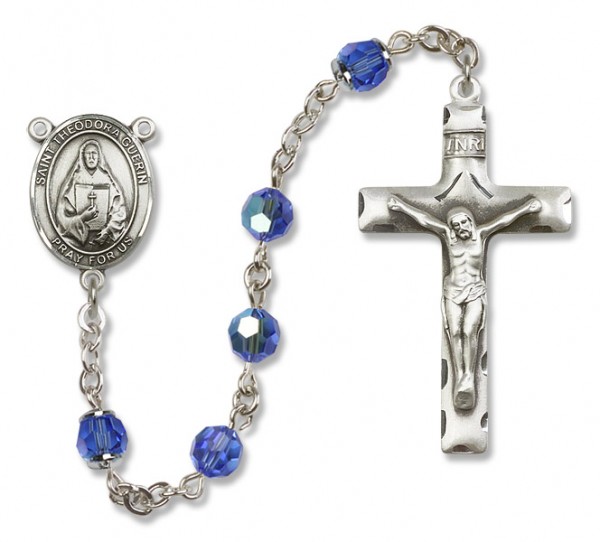 St. Theodora Guerin Sterling Silver Heirloom Rosary Squared Crucifix - Sapphire