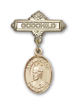 Pin Badge with St. Edward the Confessor Charm and Godchild Badge Pin - 14K Solid Gold