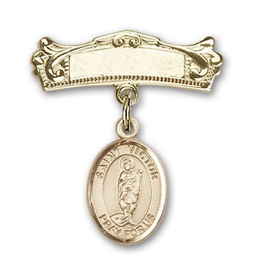 Pin Badge with St. Victor of Marseilles Charm and Arched Polished Engravable Badge Pin - 14K Solid Gold