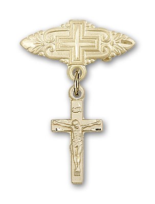 Pin Badge with Crucifix Charm and Badge Pin with Cross - 14K Solid Gold