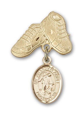 Baby Badge with Guardian Angel Charm and Baby Boots Pin - Gold Tone