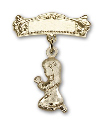 Baby Pin with Praying Girl Charm and Arched Polished Engravable Badge Pin - Gold Tone