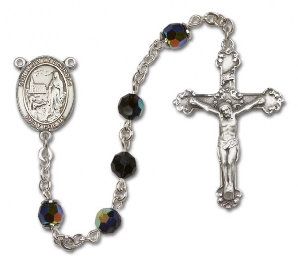 Our Lady of Lourdes Sterling Silver Heirloom Rosary Fancy Crucifix - Black