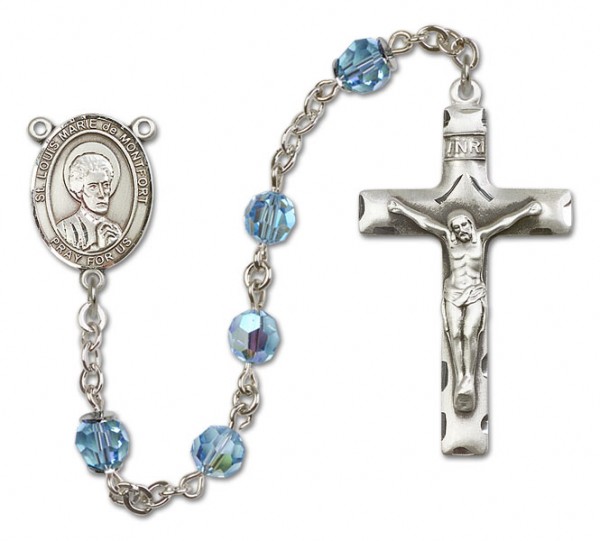 St. Louis Marie de Montfort Sterling Silver Heirloom Rosary Squared Crucifix - Aqua