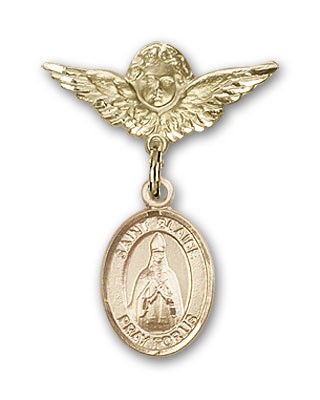 Pin Badge with St. Blaise Charm and Angel with Smaller Wings Badge Pin - 14K Solid Gold