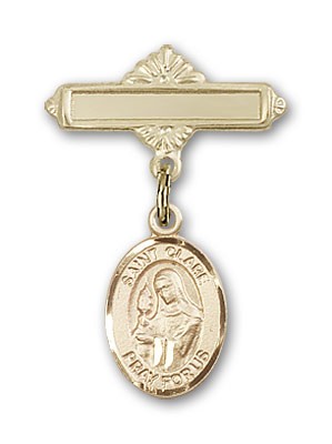 Pin Badge with St. Clare of Assisi Charm and Polished Engravable Badge Pin - Gold Tone