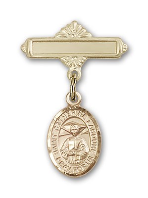 Pin Badge with St. Catherine Laboure Charm and Polished Engravable Badge Pin - 14K Solid Gold