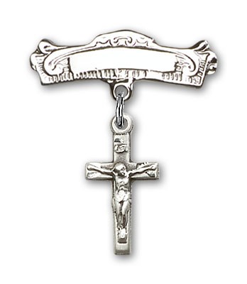 Pin Badge with Crucifix Charm and Arched Polished Engravable Badge Pin - Silver tone