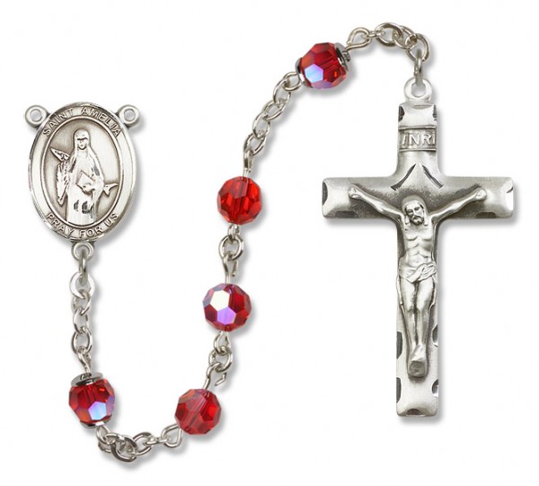 St. Amelia Sterling Silver Heirloom Rosary Squared Crucifix - Ruby Red