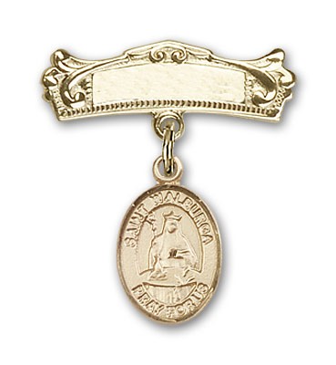 Pin Badge with St. Walburga Charm and Arched Polished Engravable Badge Pin - 14K Solid Gold