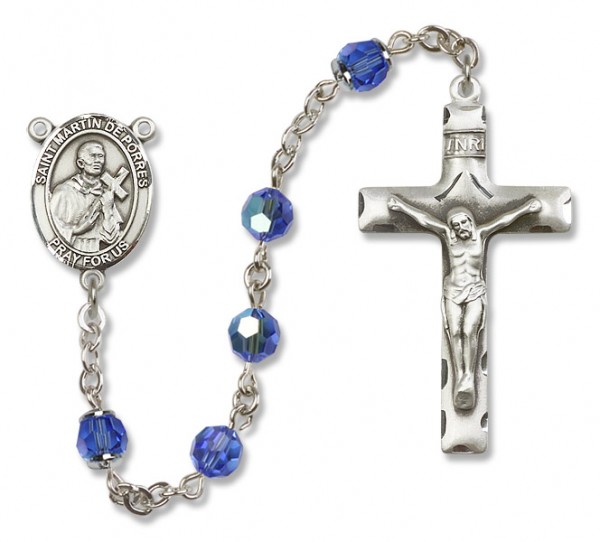St. Martin de Porres Sterling Silver Heirloom Rosary Squared Crucifix - Sapphire