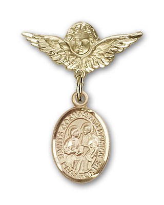 Pin Badge with Sts. Cosmas &amp; Damian Charm and Angel with Smaller Wings Badge Pin - Gold Tone