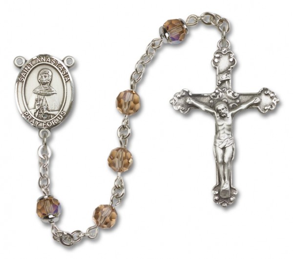 St. Anastasia Sterling Silver Heirloom Rosary Fancy Crucifix - Topaz