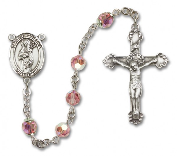 St. Scholastica Sterling Silver Heirloom Rosary Fancy Crucifix - Light Rose
