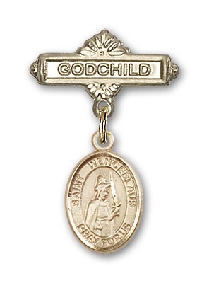 Pin Badge with St. Wenceslaus Charm and Godchild Badge Pin - Gold Tone