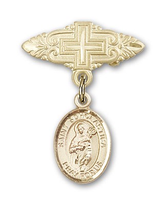 Pin Badge with St. Scholastica Charm and Badge Pin with Cross - Gold Tone
