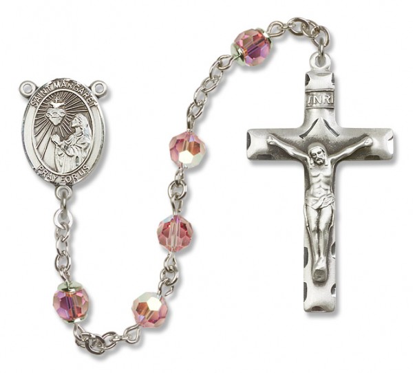 St. Margaret Mary Alacoque Sterling Silver Heirloom Rosary Squared Crucifix - Light Rose