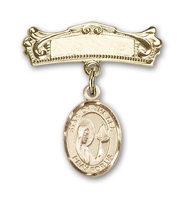 Pin Badge with Our Lady Star of the Sea Charm and Arched Polished Engravable Badge Pin - 14K Solid Gold