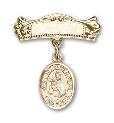 Pin Badge with Our Lady of Mount Carmel Charm and Arched Polished Engravable Badge Pin - Gold Tone