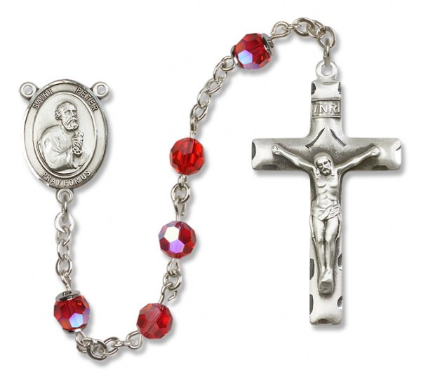 St. Peter the Apostle Sterling Silver Heirloom Rosary Squared Crucifix - Ruby Red
