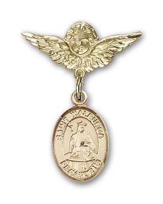 Pin Badge with St. Walburga Charm and Angel with Smaller Wings Badge Pin - 14K Solid Gold
