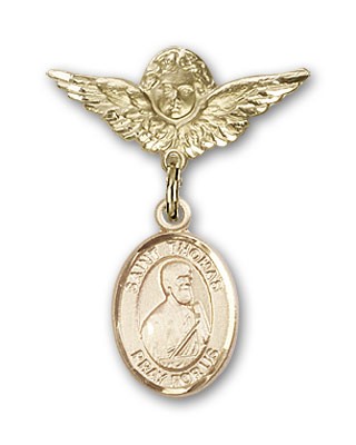 Pin Badge with St. Thomas the Apostle Charm and Angel with Smaller Wings Badge Pin - 14K Solid Gold