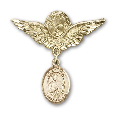 Pin Badge with St. Jude Thaddeus Charm and Angel with Larger Wings Badge Pin - 14K Solid Gold