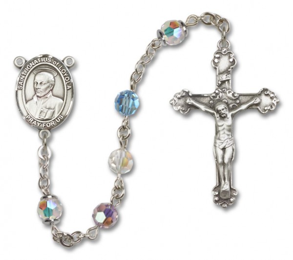 St. Ignatius of Loyola Sterling Silver Heirloom Rosary Fancy Crucifix - Multi-Color