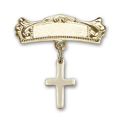 Baby Pin with Cross Charm and Arched Polished Engravable Badge Pin - Gold Tone