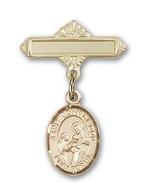 Pin Badge with St. John of God Charm and Polished Engravable Badge Pin - 14K Solid Gold