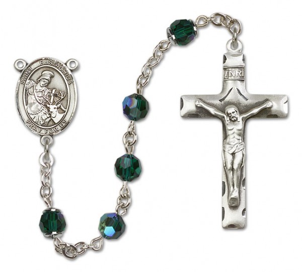 St. Eustachius Sterling Silver Heirloom Rosary Squared Crucifix - Emerald Green