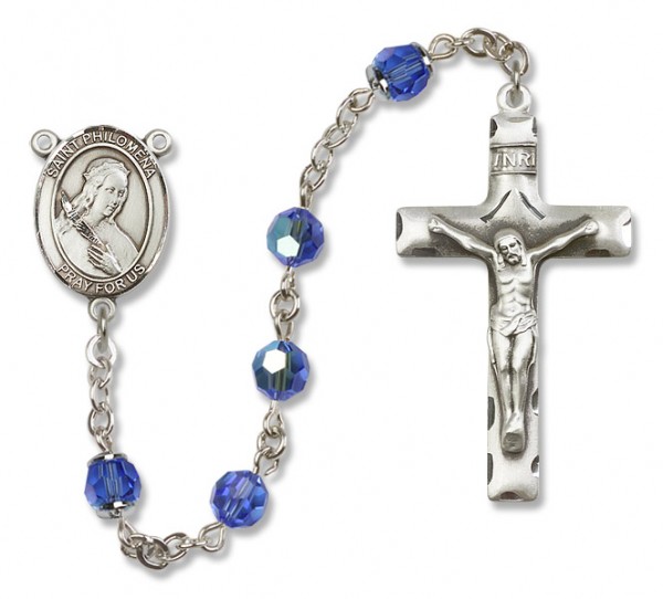 St. Philomena Sterling Silver Heirloom Rosary Squared Crucifix - Sapphire