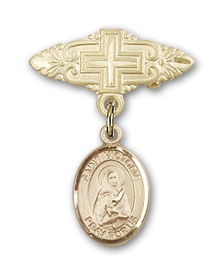 Pin Badge with St. Victoria Charm and Badge Pin with Cross - 14K Solid Gold