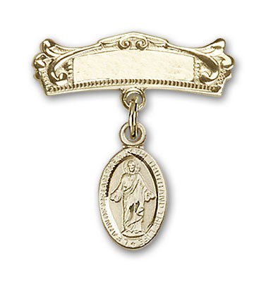 Pin Badge with Scapular Charm and Arched Polished Engravable Badge Pin - 14K Solid Gold