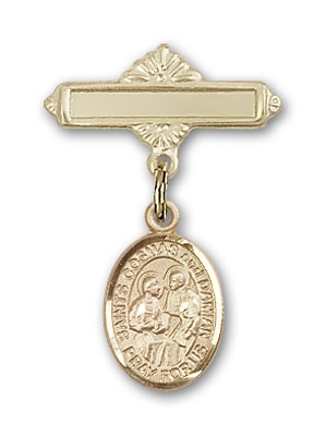 Pin Badge with Sts. Cosmas &amp; Damian Charm and Polished Engravable Badge Pin - Gold Tone