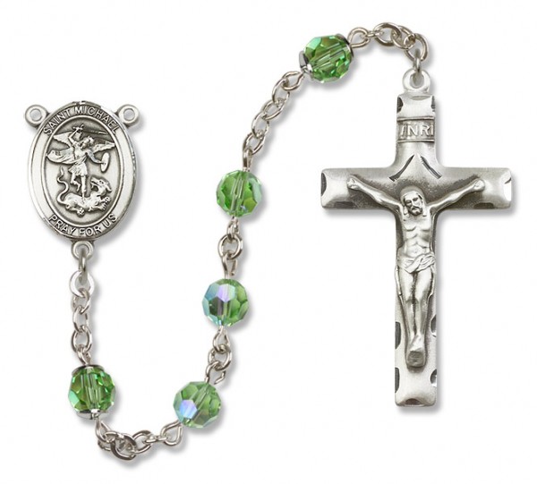 St. Michael the Archangel Sterling Silver Heirloom Rosary Squared Crucifix - Peridot