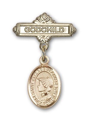 Pin Badge with St. Elizabeth Ann Seton Charm and Godchild Badge Pin - Gold Tone