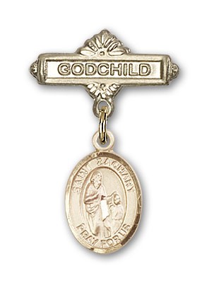 Pin Badge with St. Zachary Charm and Godchild Badge Pin - Gold Tone