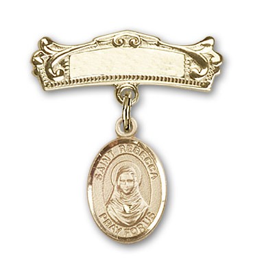 Pin Badge with St. Rebecca Charm and Arched Polished Engravable Badge Pin - 14K Solid Gold