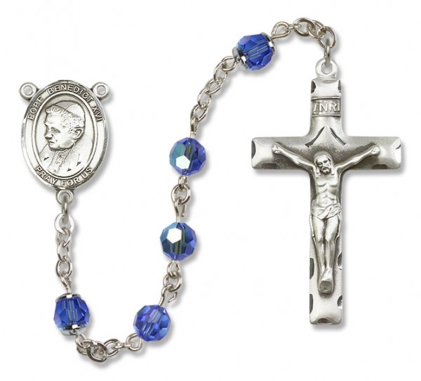 Pope Benedict XVI Sterling Silver Heirloom Rosary Squared Crucifix - Sapphire