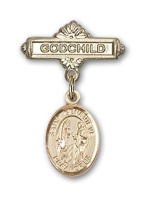 Pin Badge with St. Genevieve Charm and Godchild Badge Pin - Gold Tone
