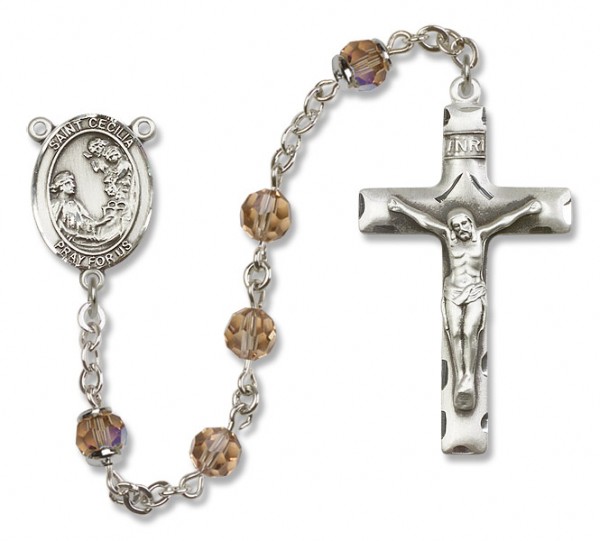 St. Cecilia Sterling Silver Heirloom Rosary Squared Crucifix - Topaz
