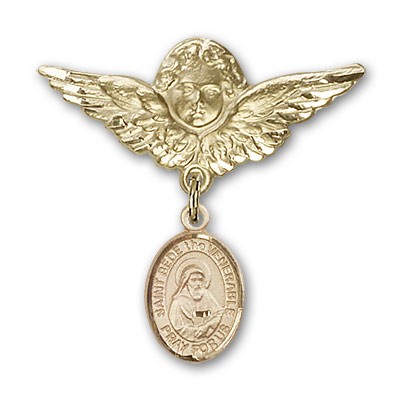 Pin Badge with St. Bede the Venerable Charm and Angel with Larger Wings Badge Pin - Gold Tone
