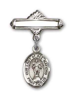 Pin Badge with Our Lady of All Nations Charm and Polished Engravable Badge Pin - Silver tone