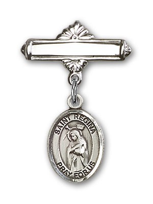 Pin Badge with St. Regina Charm and Polished Engravable Badge Pin - Silver tone