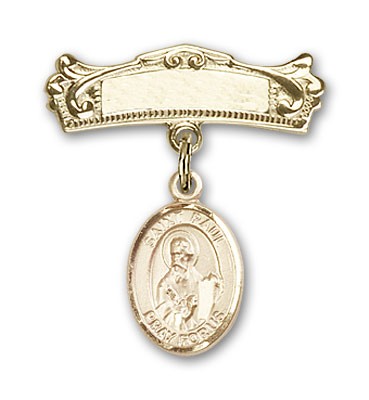 Pin Badge with St. Paul the Apostle Charm and Arched Polished Engravable Badge Pin - 14K Solid Gold